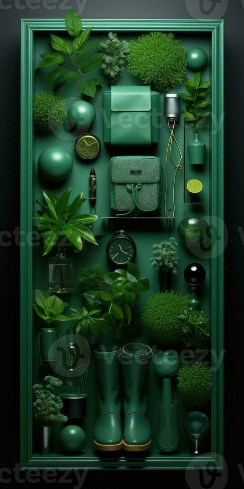 composition of green objects on a green background. Generative AI photo