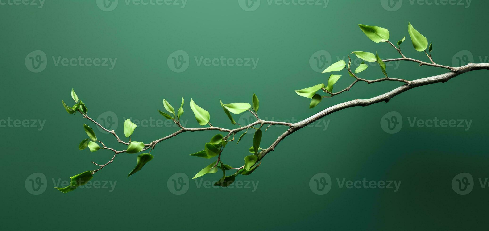 Branch with green leaves on green background. Minimalism. space for text. Generative AI photo