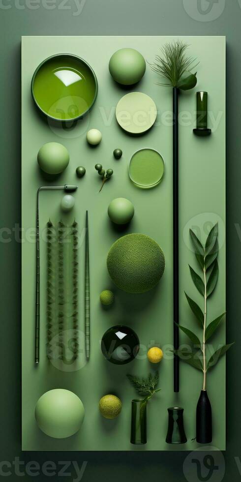 composition of green objects on a green background. Generative AI photo