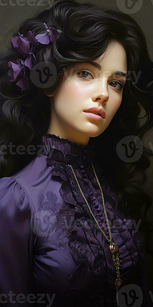 Close-up illustration of a woman in purple clothes. Generative AI photo