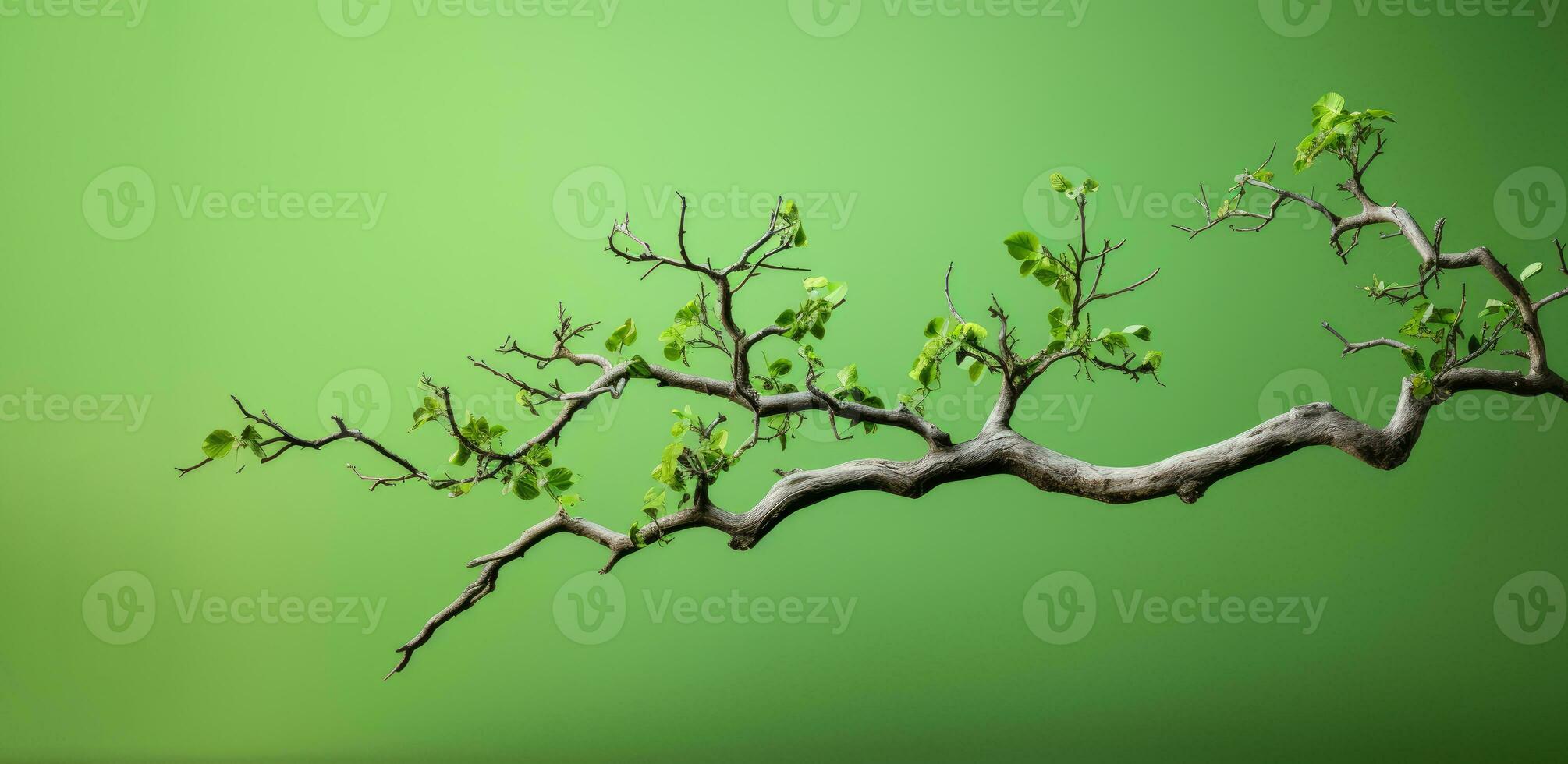 Branch with green leaves on green background. Minimalism. space for text. Generative AI photo