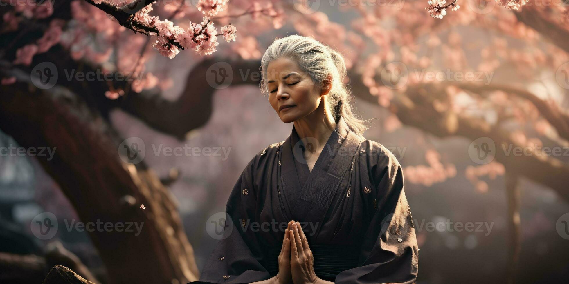 un canoso asiático mujer en un kimono reza debajo floración árbol. generativo ai foto