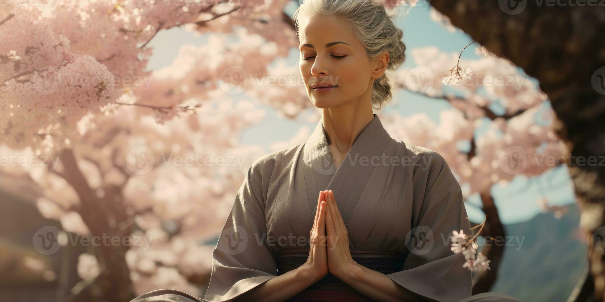 un canoso asiático mujer en un kimono reza debajo floración árbol. generativo ai foto