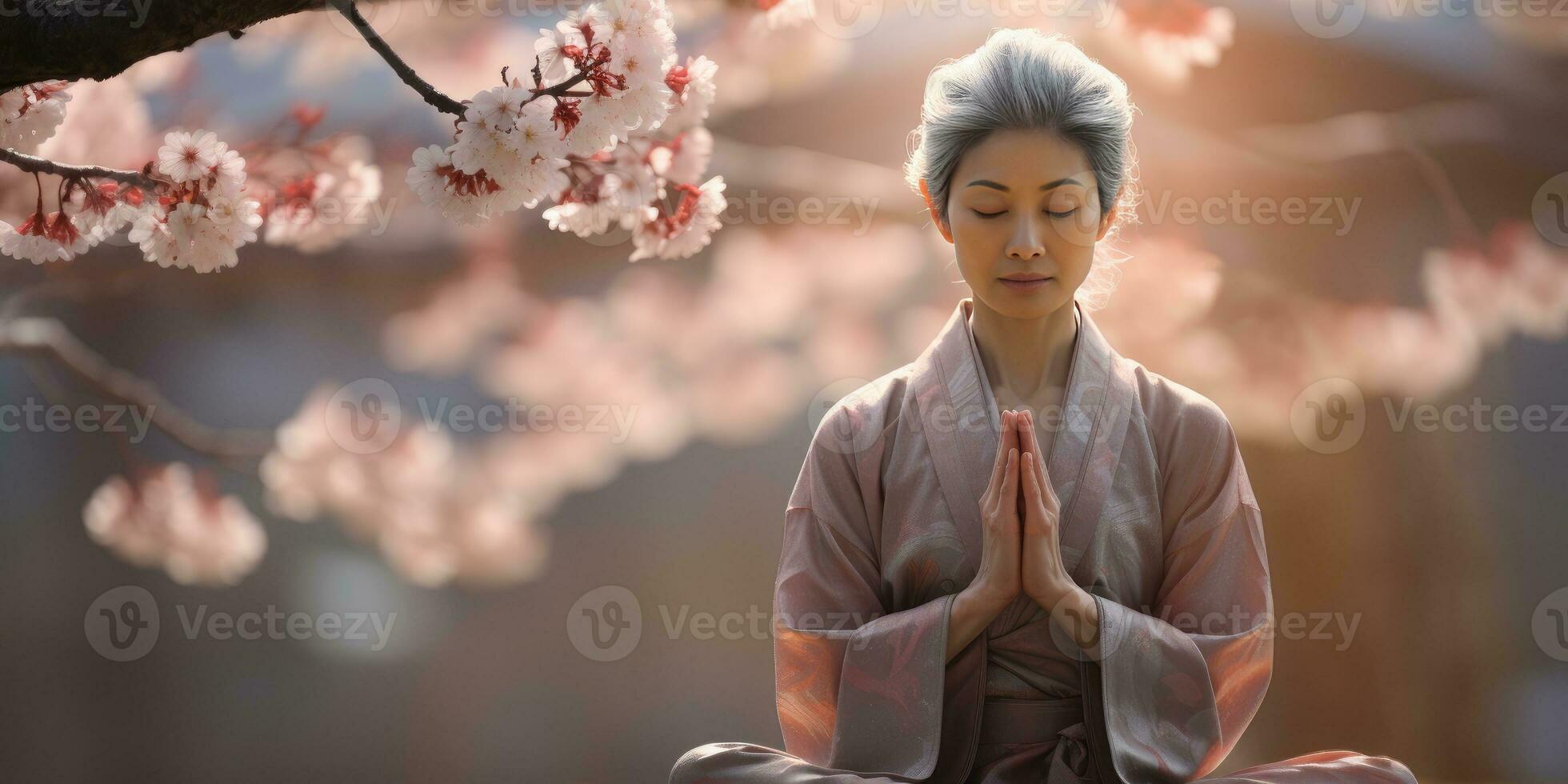un canoso asiático mujer en un kimono reza debajo floración árbol. generativo ai foto