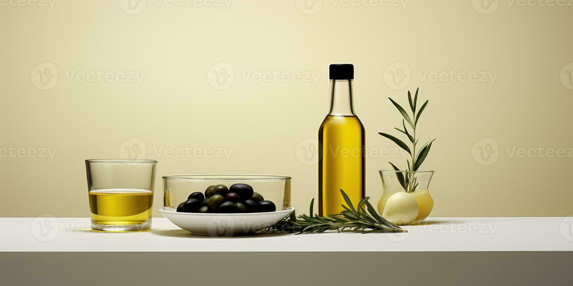 aceituna petróleo en un botella en el mesa, con verde ramas y Olivos. generativo ai foto