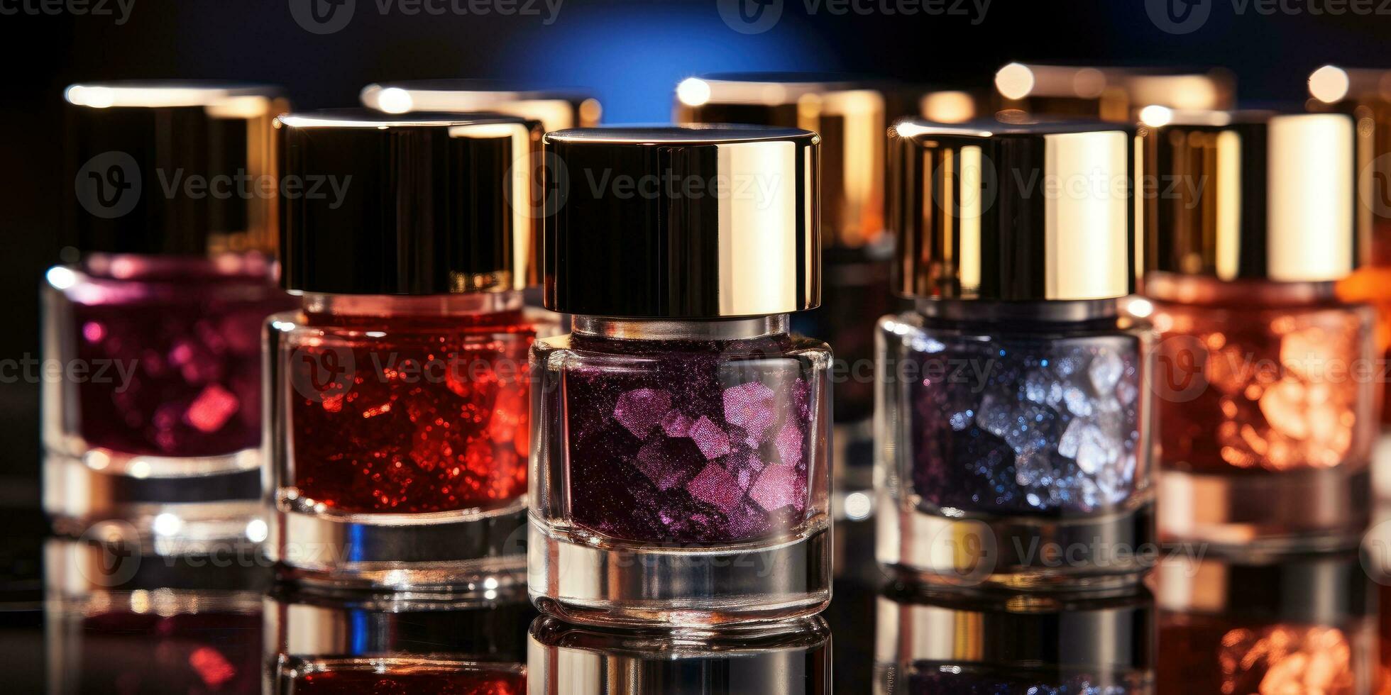 Group of different colored cosmetic nail polishes. Generative AI photo