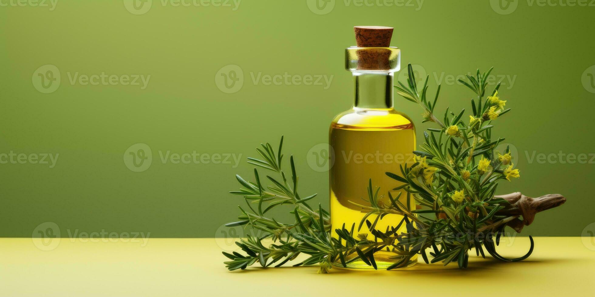 Bottle of fresh extra virgin olive oil and green leaves on light background. Generative AI photo