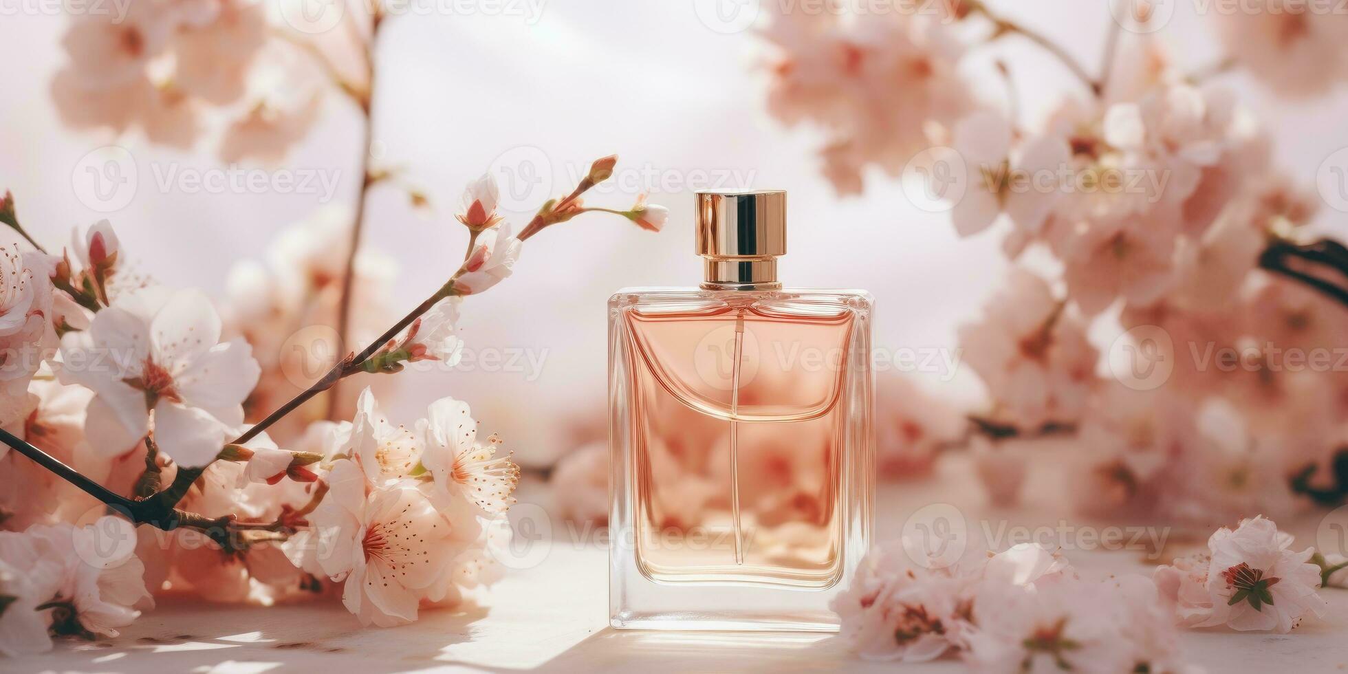 Glass bottle of perfume on floral background. Pink floral background. Generative AI photo