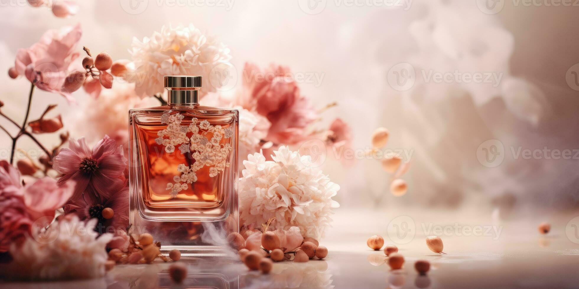 Glass bottle of perfume on floral background. Pink background, place for text. Generative AI photo