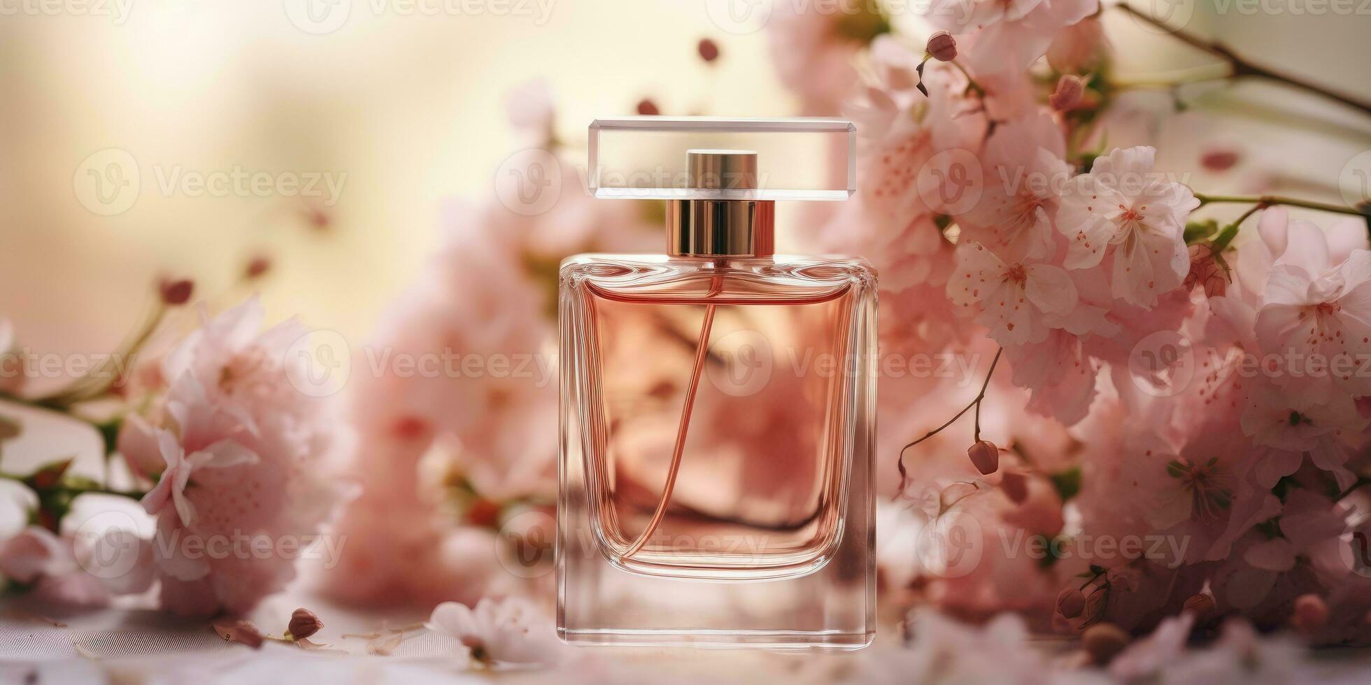 Glass bottle of perfume on floral background. Pink floral background