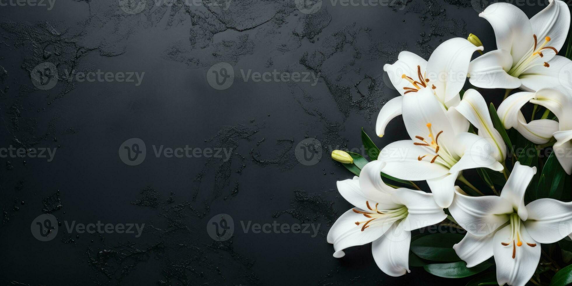 Lilies on black stone background, top view, space for text or your product, Generative AI photo