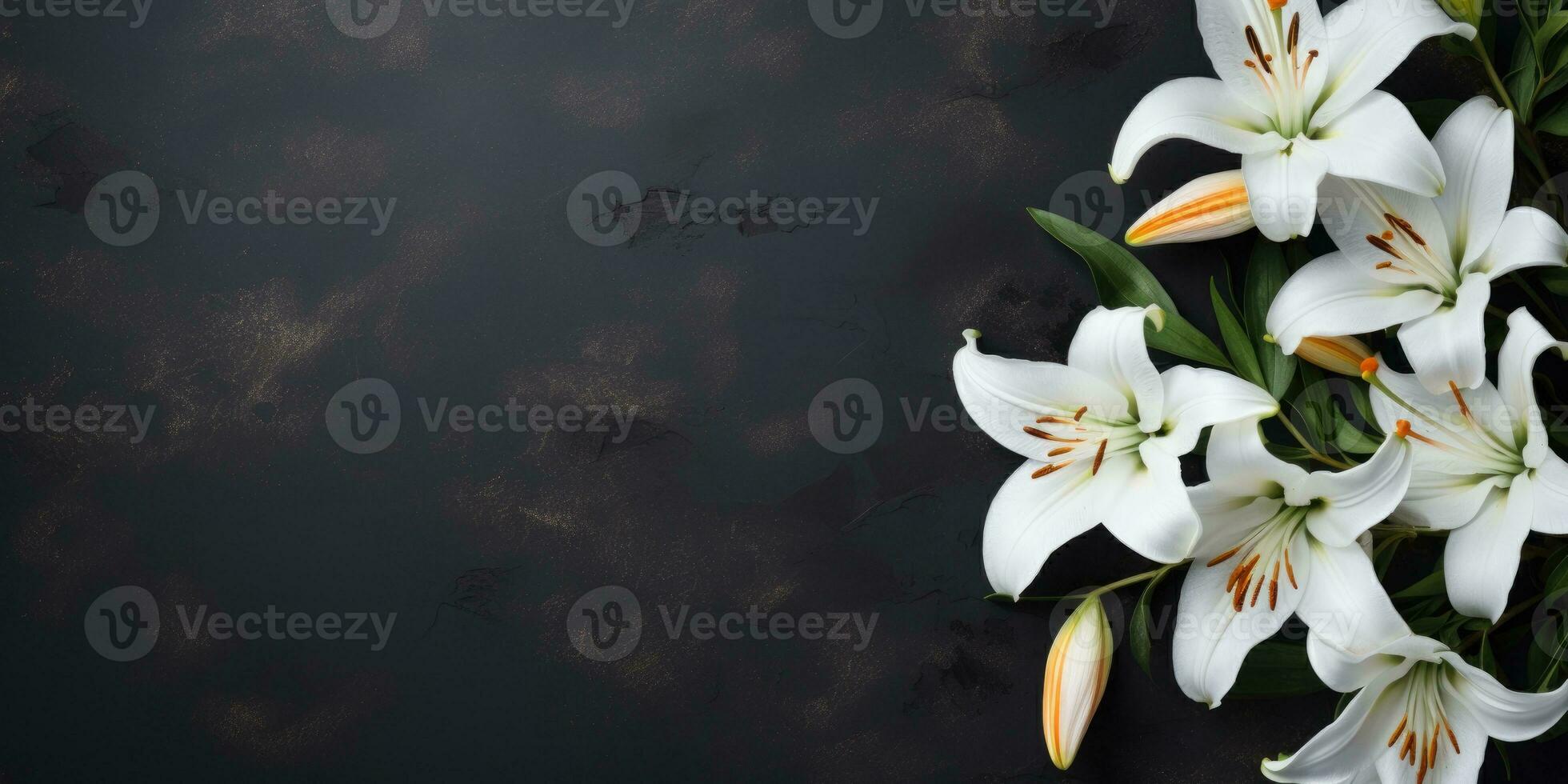 White lilies on black background, top view, space for text or your product. Generative AI photo