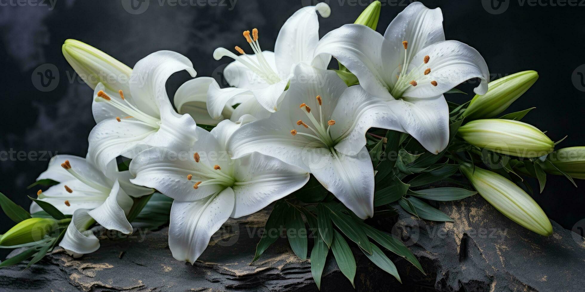 White lilies on stones close-up, Generative AI photo