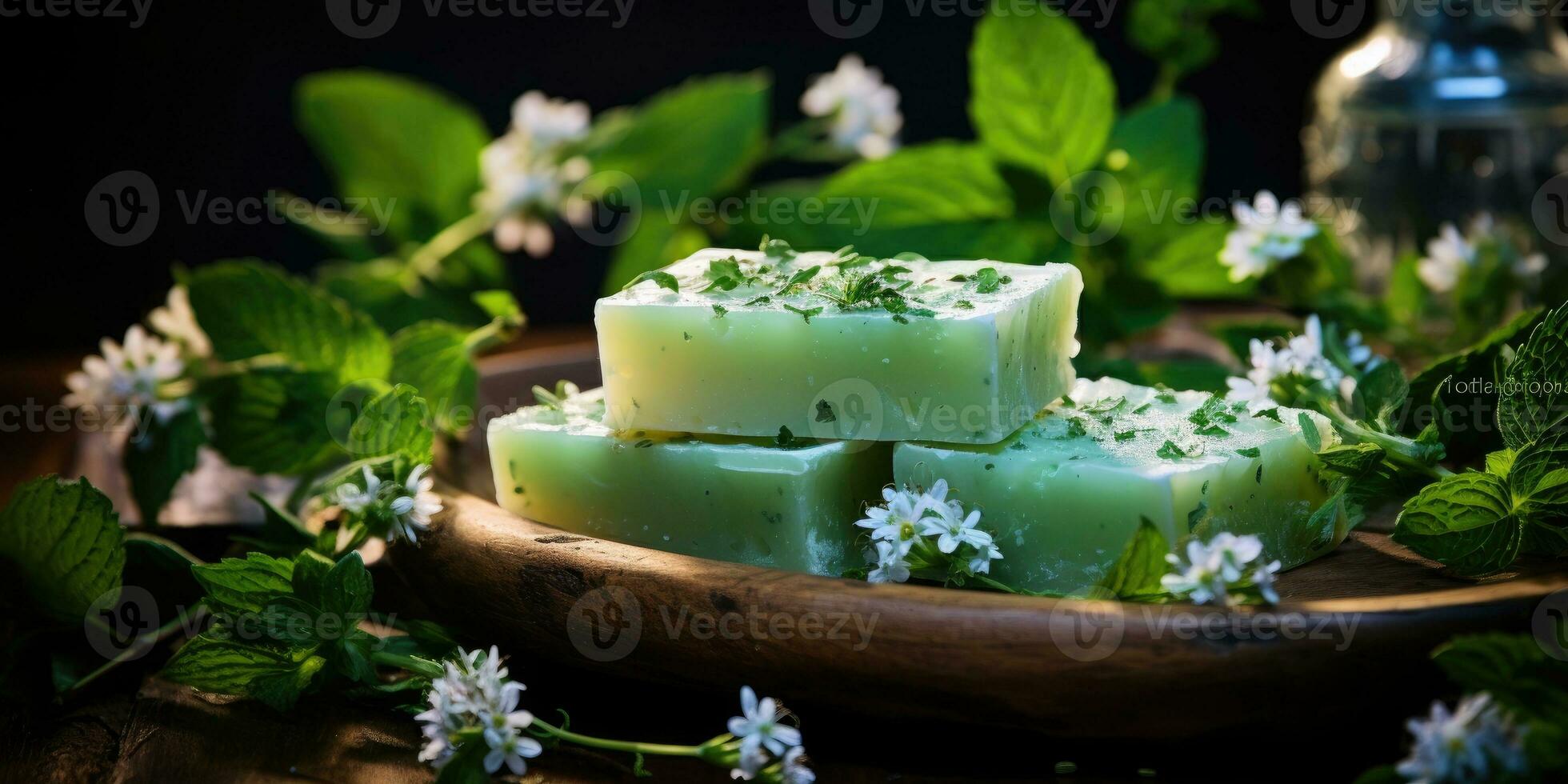 Handmade traditional soap, natural herbs, chamomile. Floral background. Generative AI photo