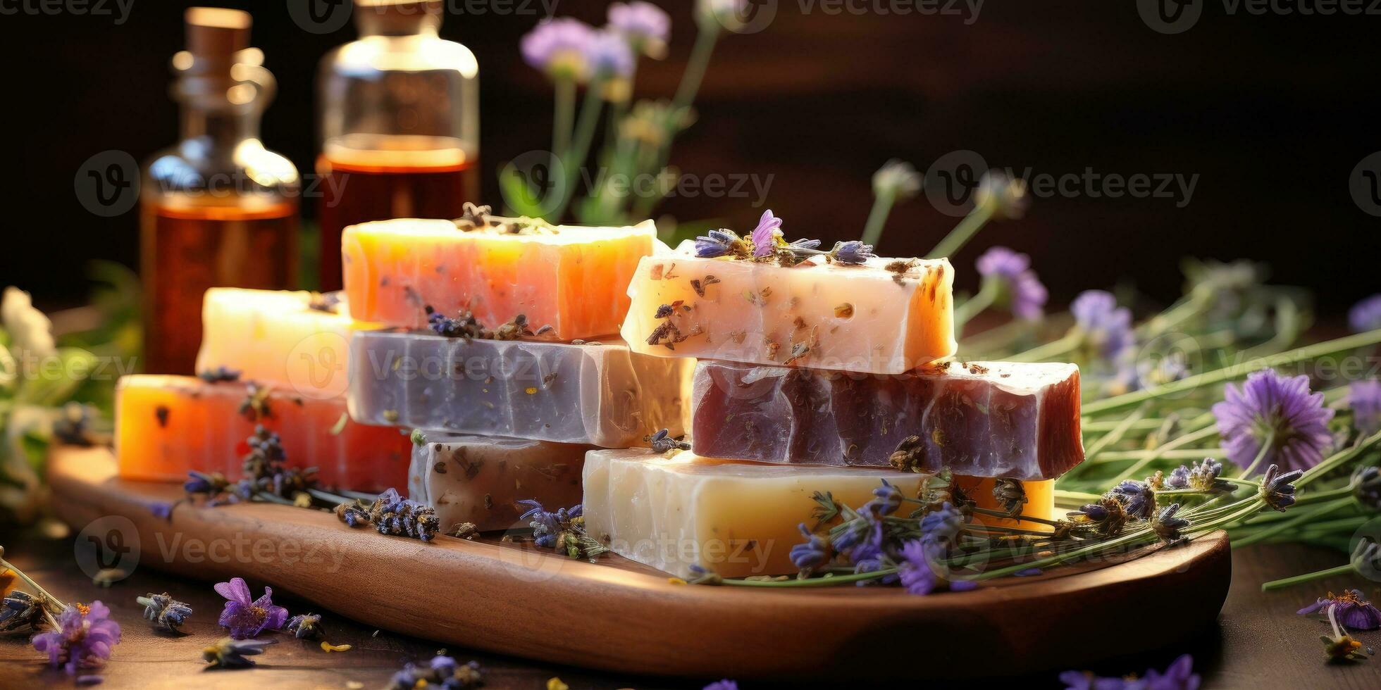 Handmade soap from lavender, close-up. Flower soap. Generative AI photo