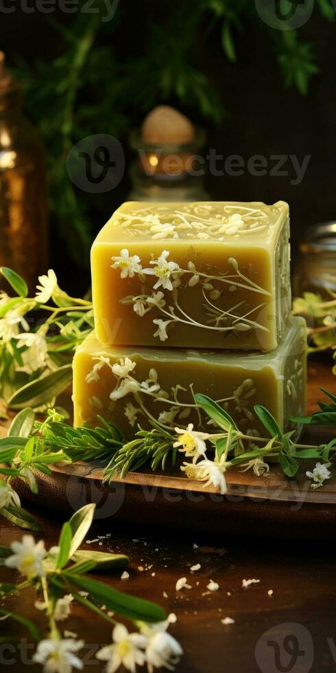 Handmade soap, on a wooden background close-up. Flower soap. Generative AI photo