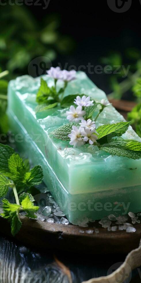 rustic handmade mint soap, natural herbs, green background. Generative AI photo