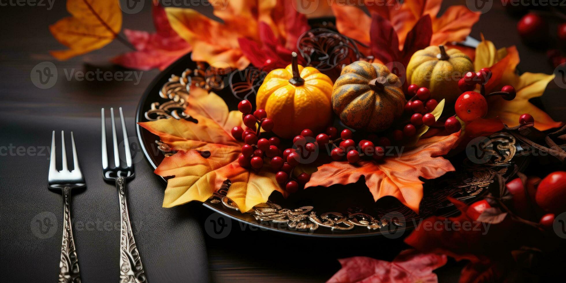 Beautiful autumn table setting, theme Halloween, autumn. Generative AI photo