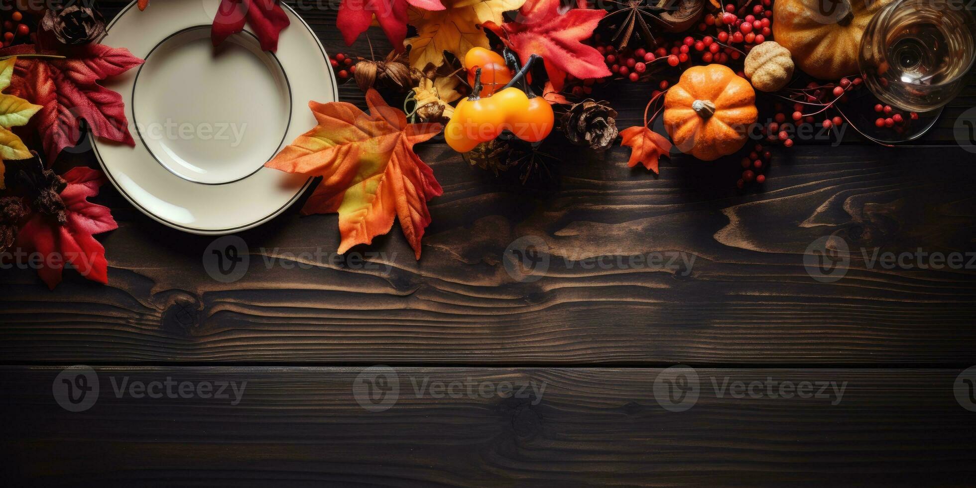 Autumn service on a wooden table, top view, Halloween theme. Generative AI photo