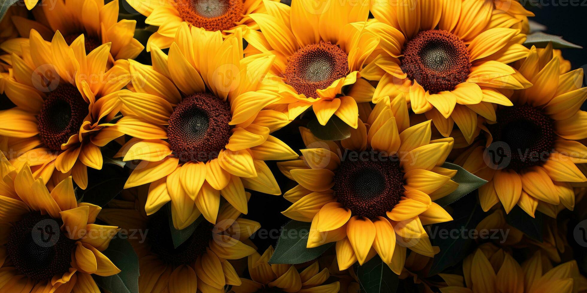 Bright image of blooming sunflowers close-up. Generative AI photo