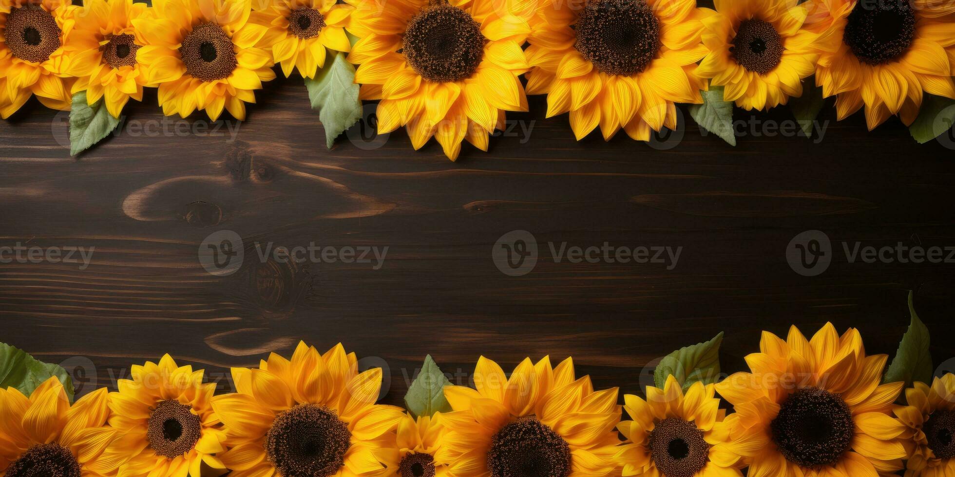 Sunflower on wooden background, space for text. Generative AI photo