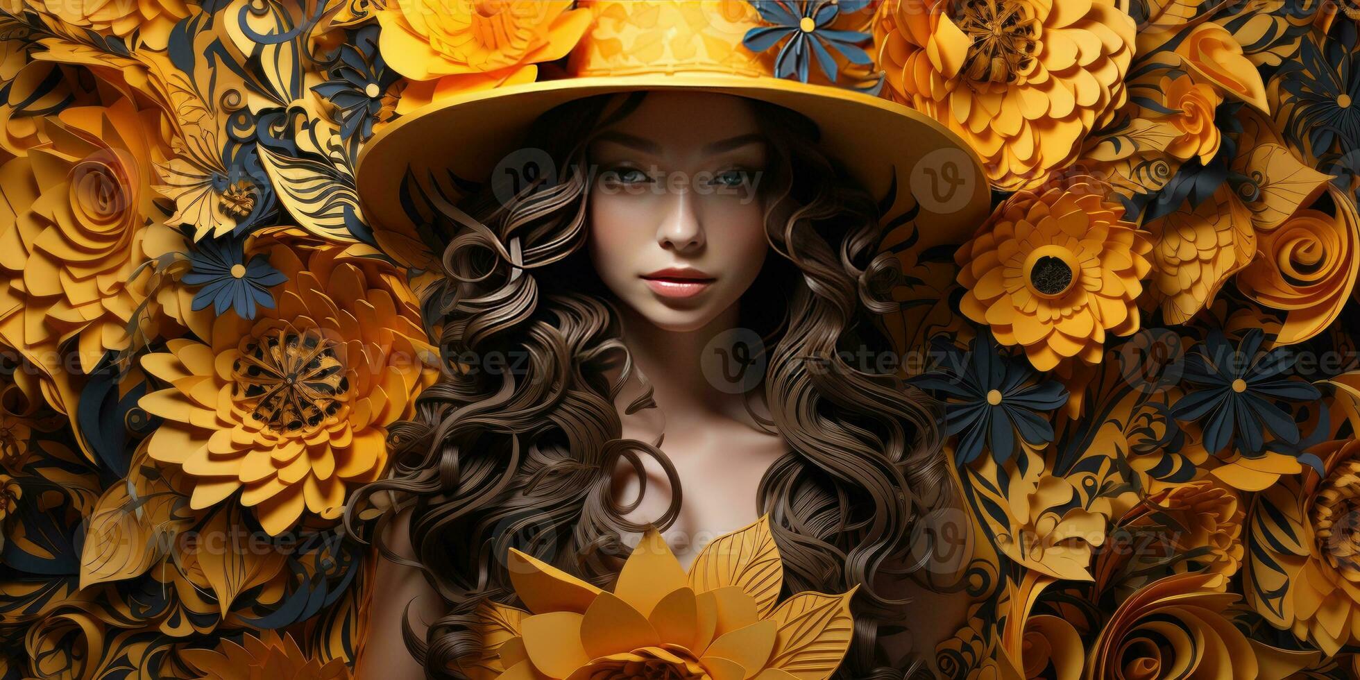 Illustration of a girl in a sunflower, in paper cut technique. Generative AI photo