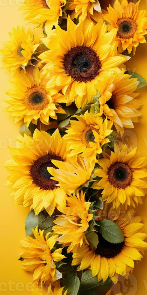 fresh sunflowers with leaves on stem on a bright yellow background. harvest time. Generative AI photo