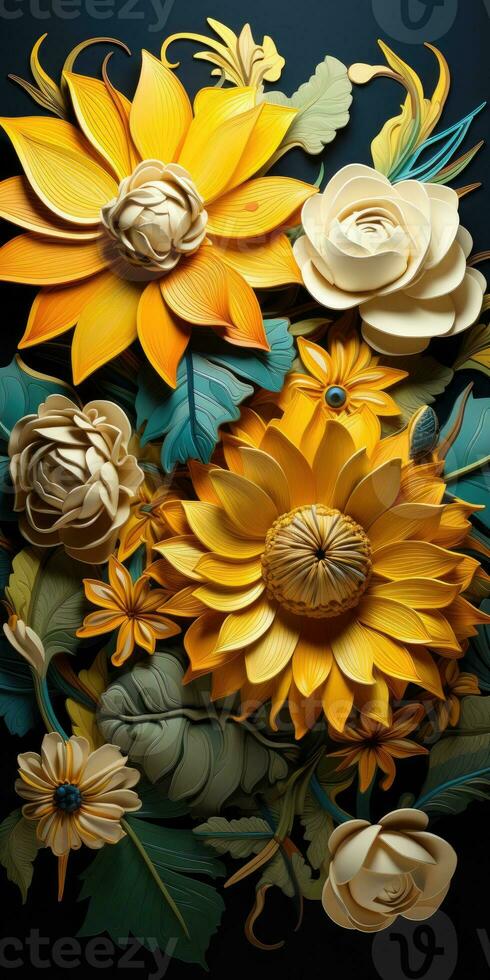 Sunflowers on a dark background. Panel of flowers. Generative AI photo