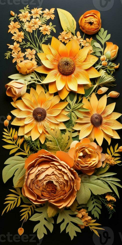 Sunflowers on a dark background.Paper flower illustration, paper technique. Generative AI photo