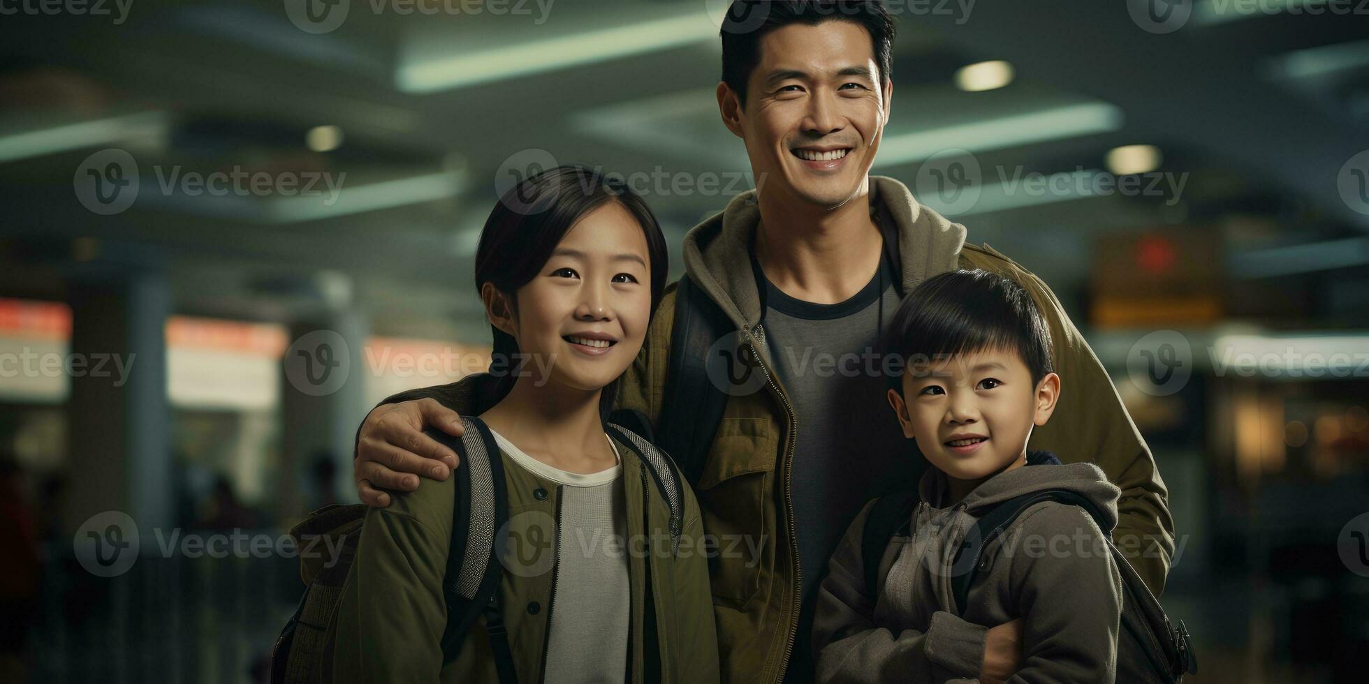 happy asian family on vacation. People the airport. Generative AI photo