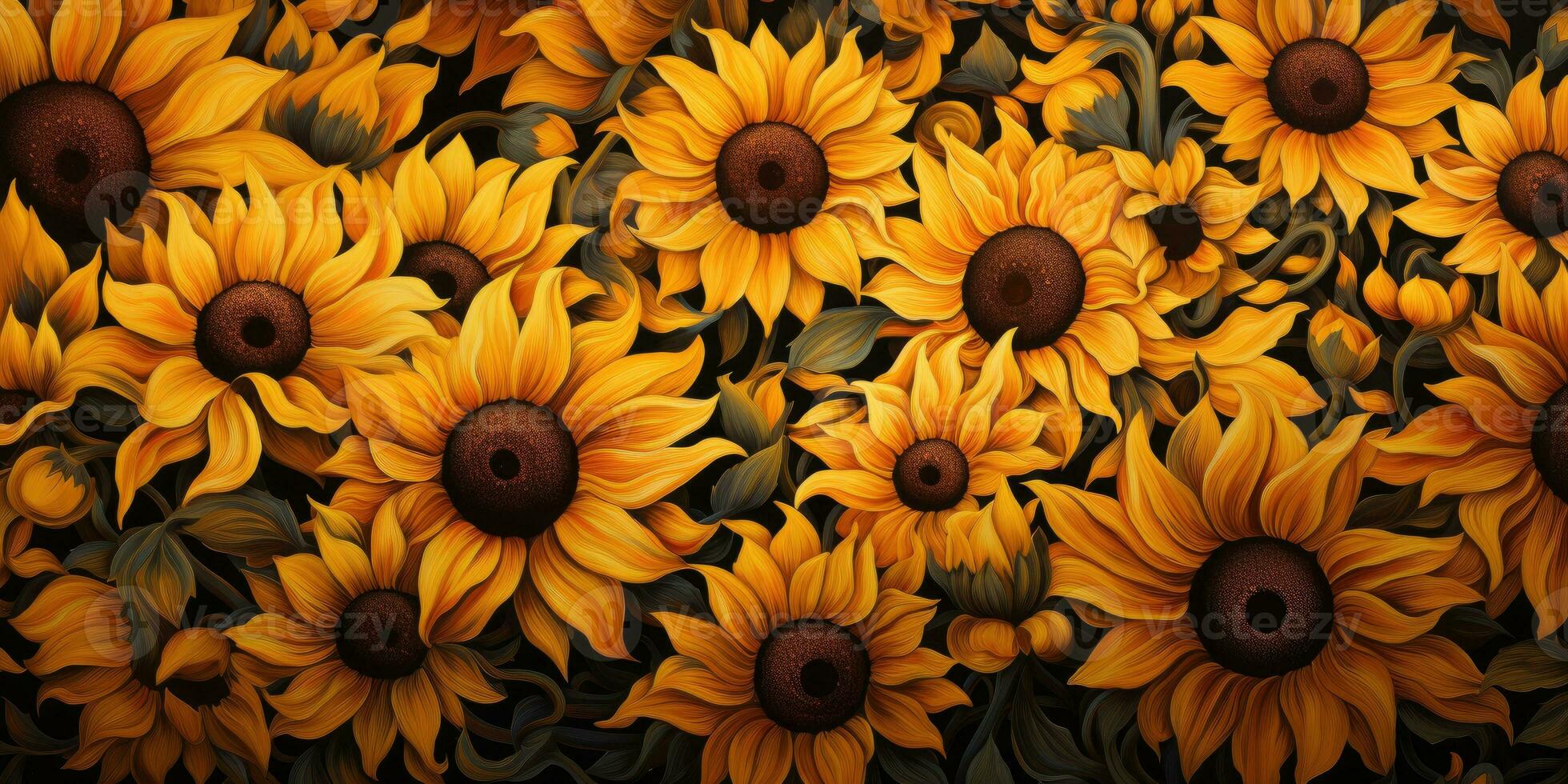 Sunflowers on a dark background. Panel of flowers. Generative AI photo