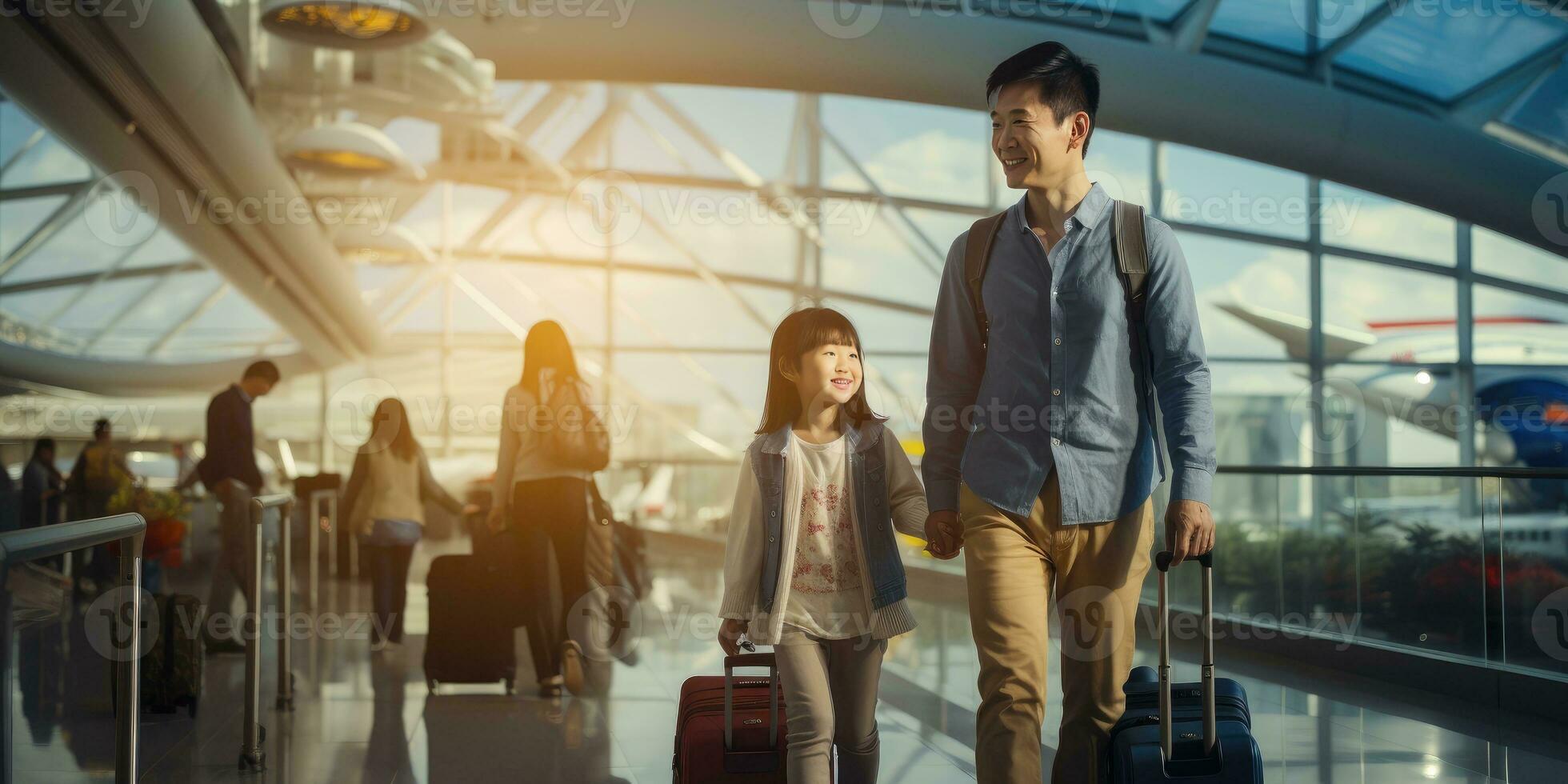 happy asian family on vacation. People the airport. Generative AI photo