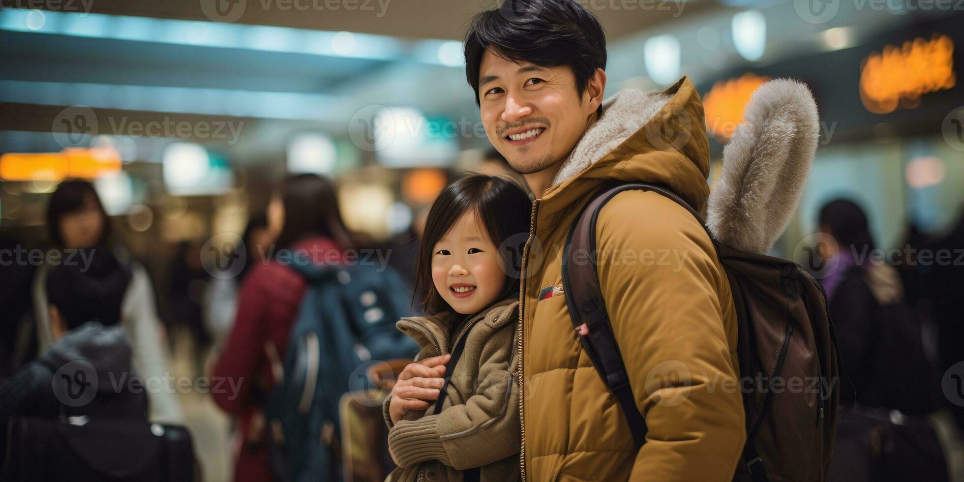 happy asian family on vacation. People at airport. Generative AI photo