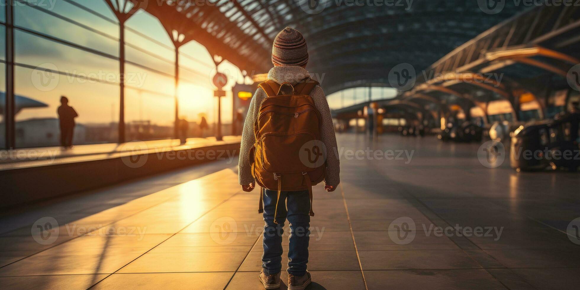 Little Child at the airport, travel theme. Generative AI photo
