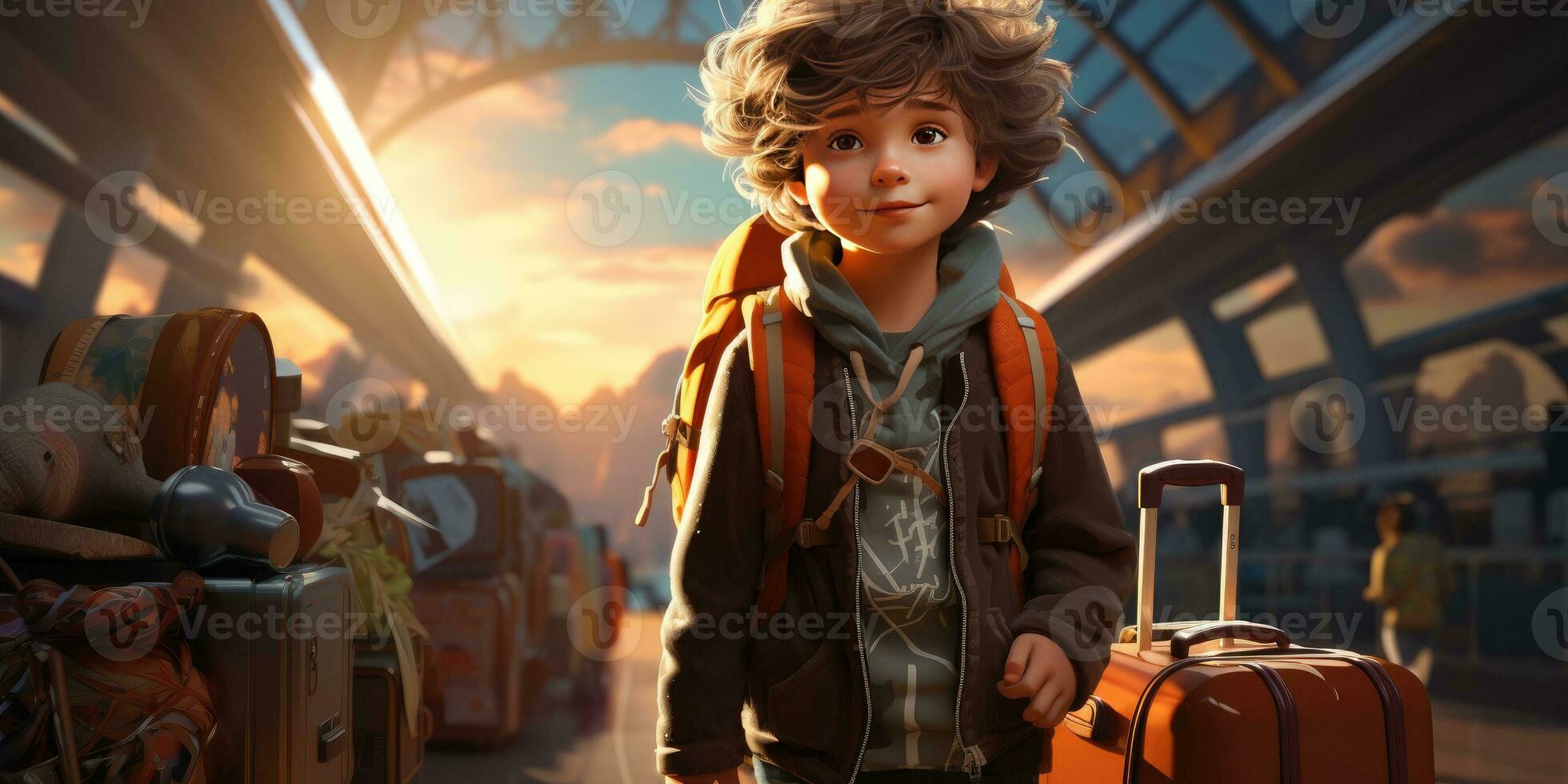 Little Child at the airport with a suitcase, travel theme. Generative AI photo