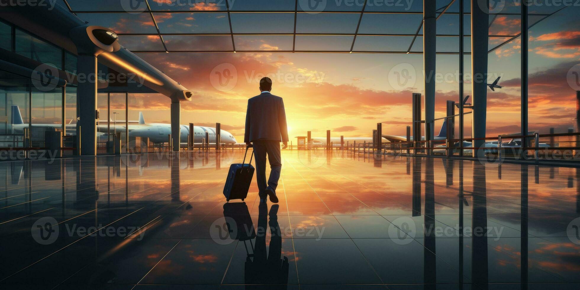 A man with a suitcase at the airport in the rays of sunset. Generative AI photo