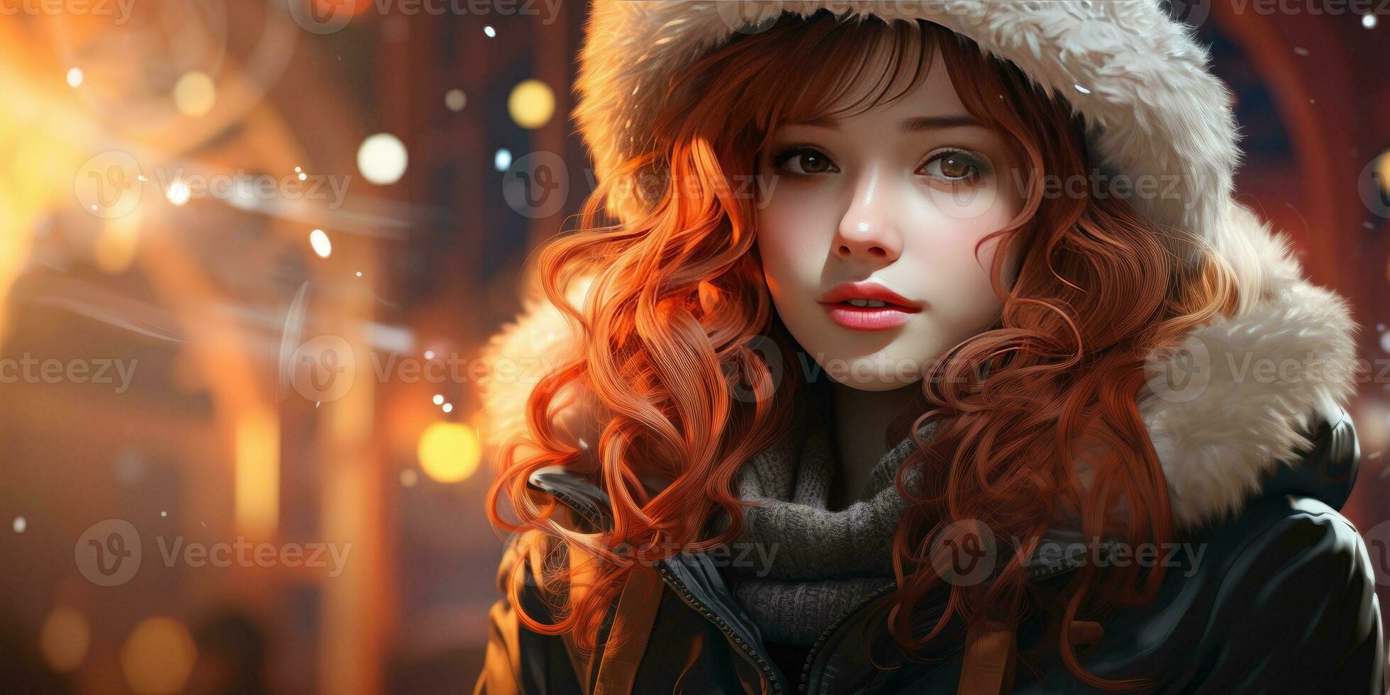 Illustration of a girl in a red hat in winter. Generative AI photo