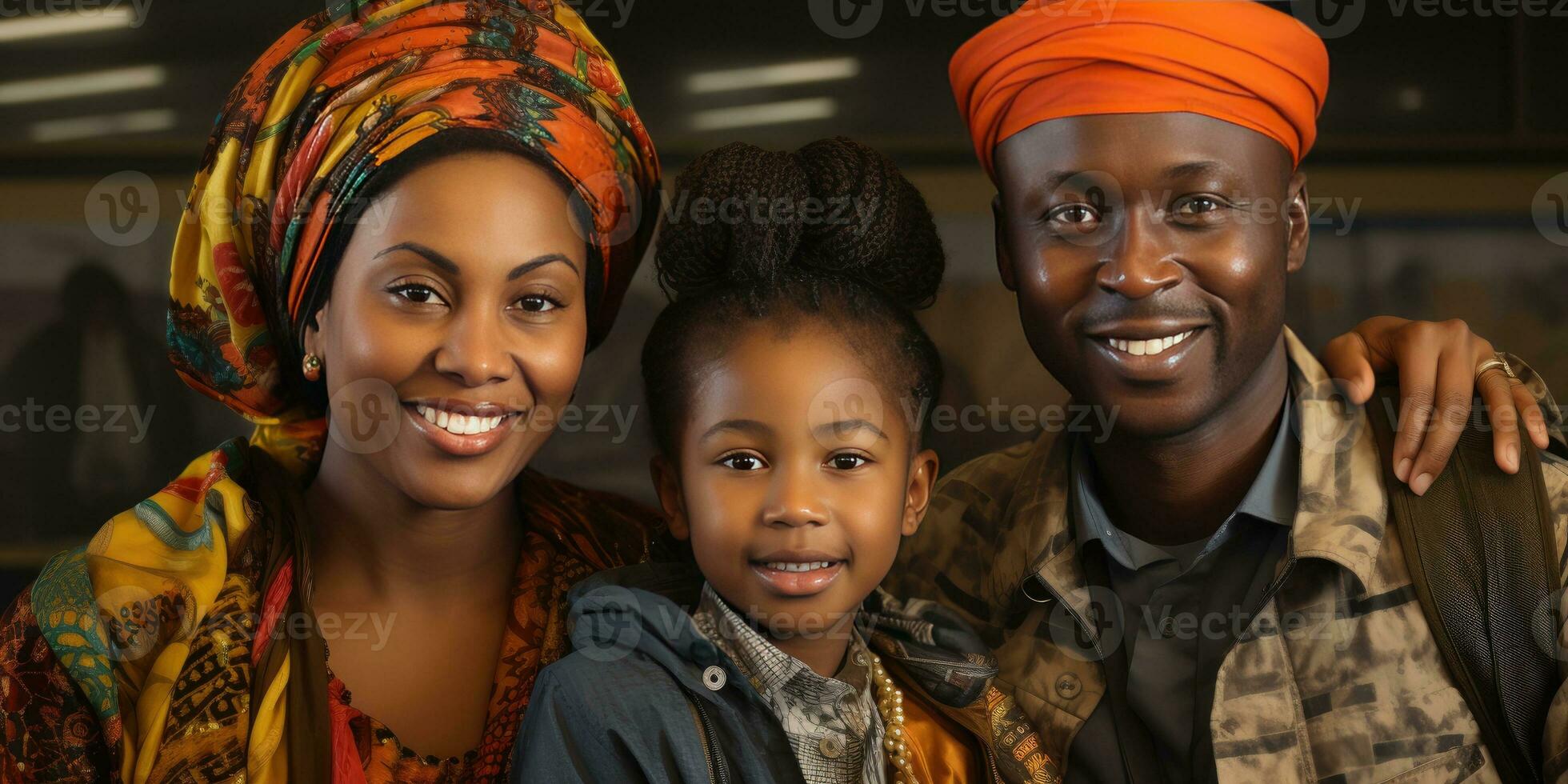 African family at the airport. Travel and vacation. Generative AI photo