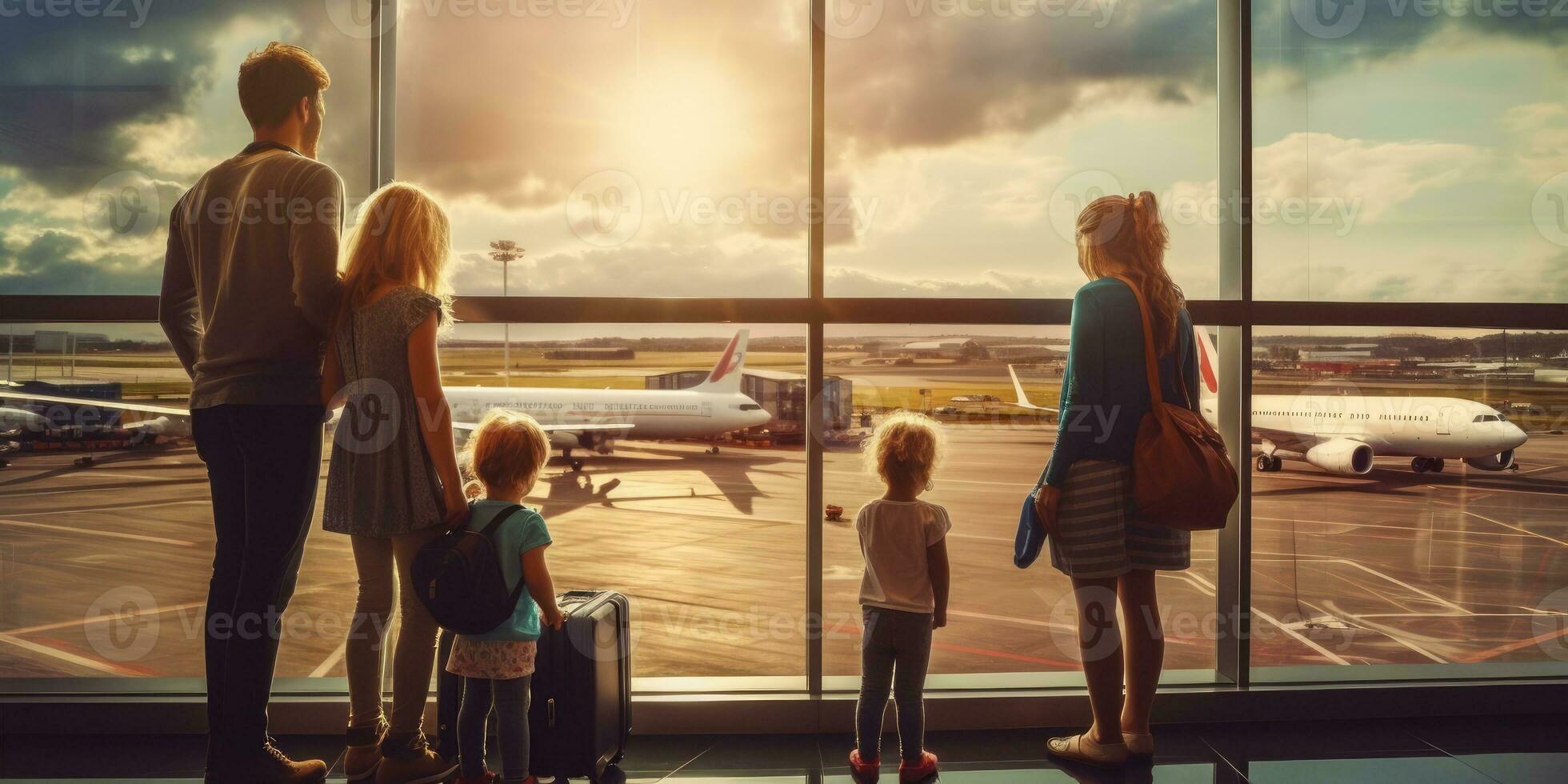 family in the airport, vacation and recreation. Generative AI photo