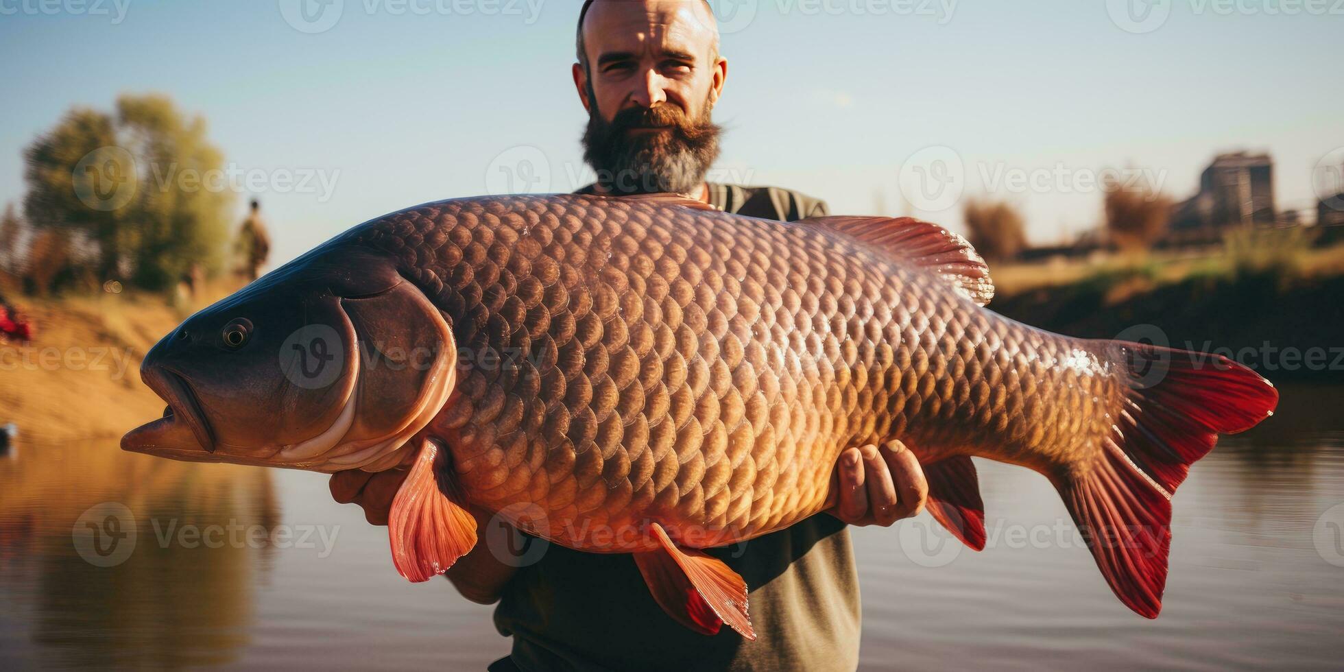 A man holds huge fish in his hands. The theme of recreation and fishing. Generative AI photo