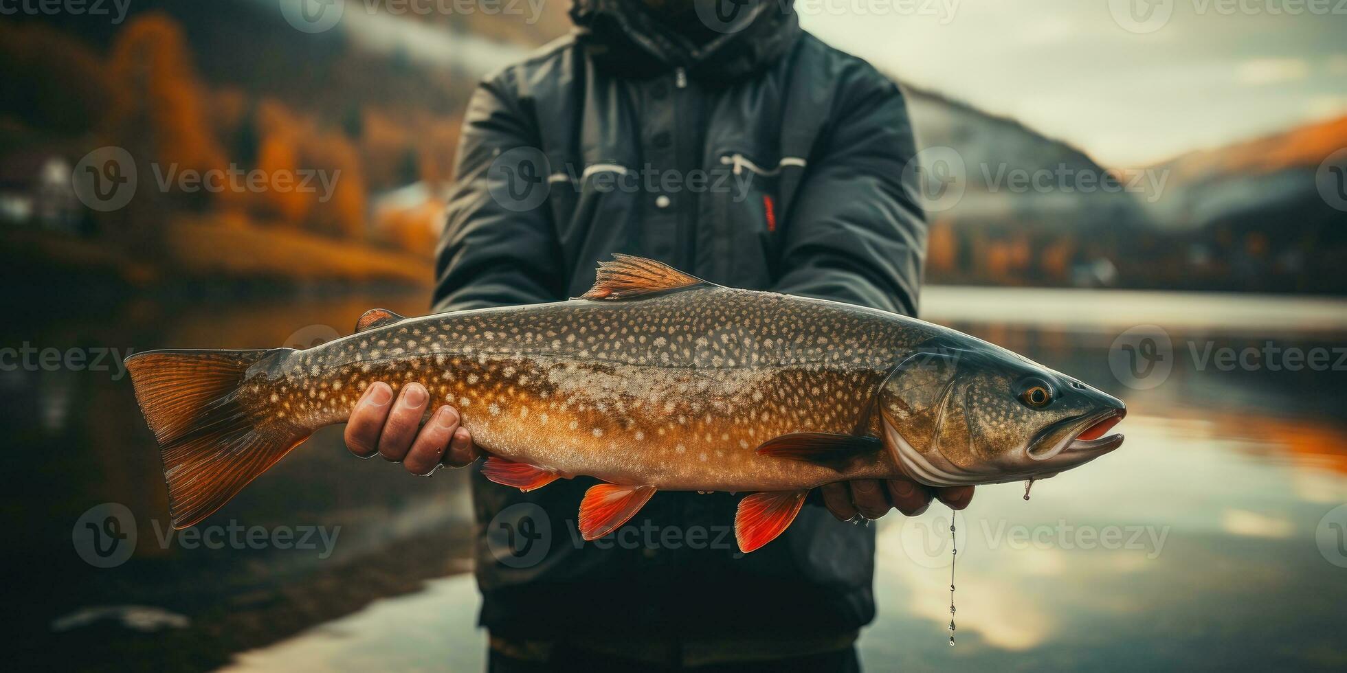 Fish in the hands on the background of river. The theme of recreation and fishing. Generative AI photo