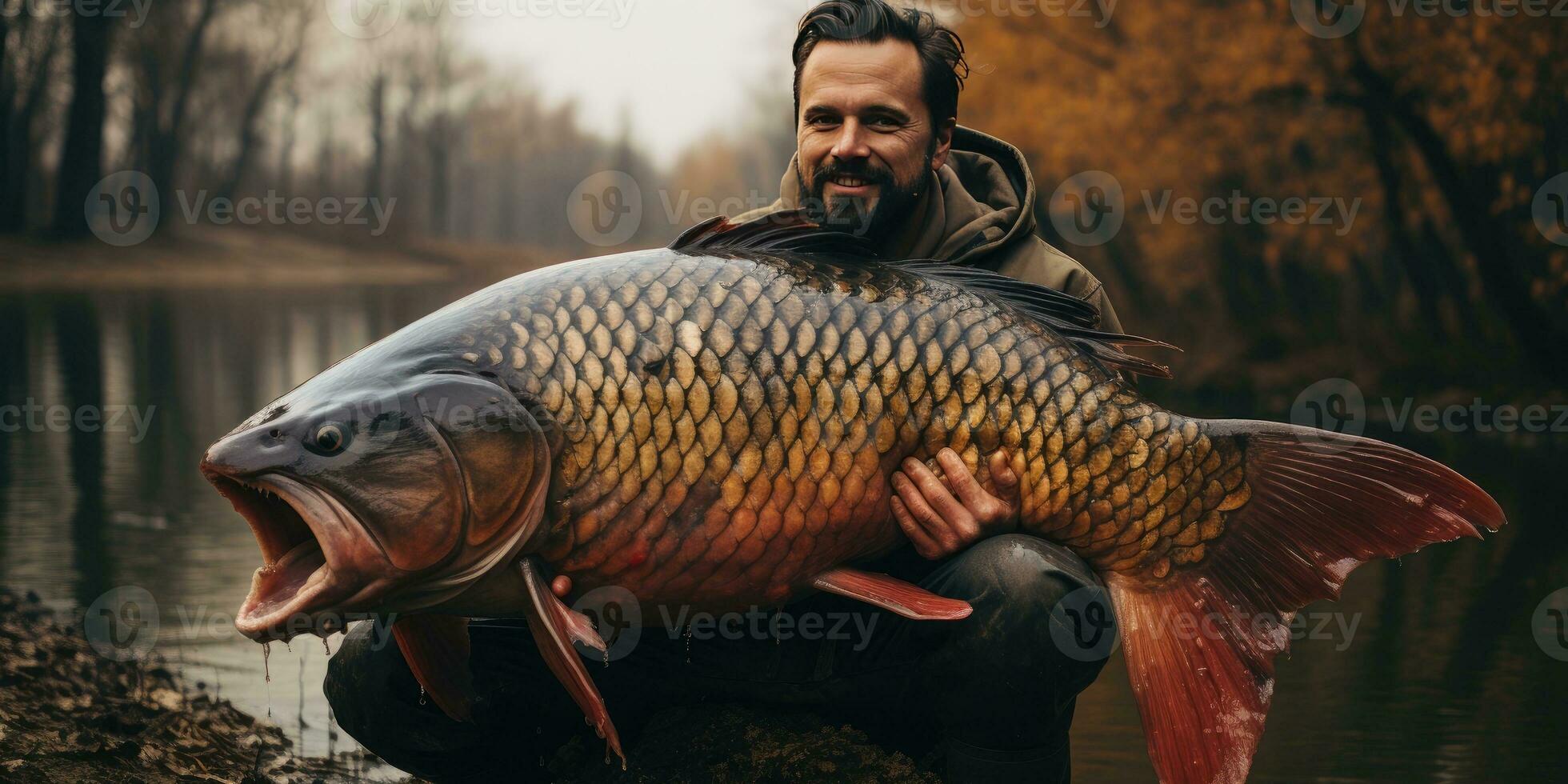 A man holds huge fish in his hands. The theme of recreation and fishing. Generative AI photo