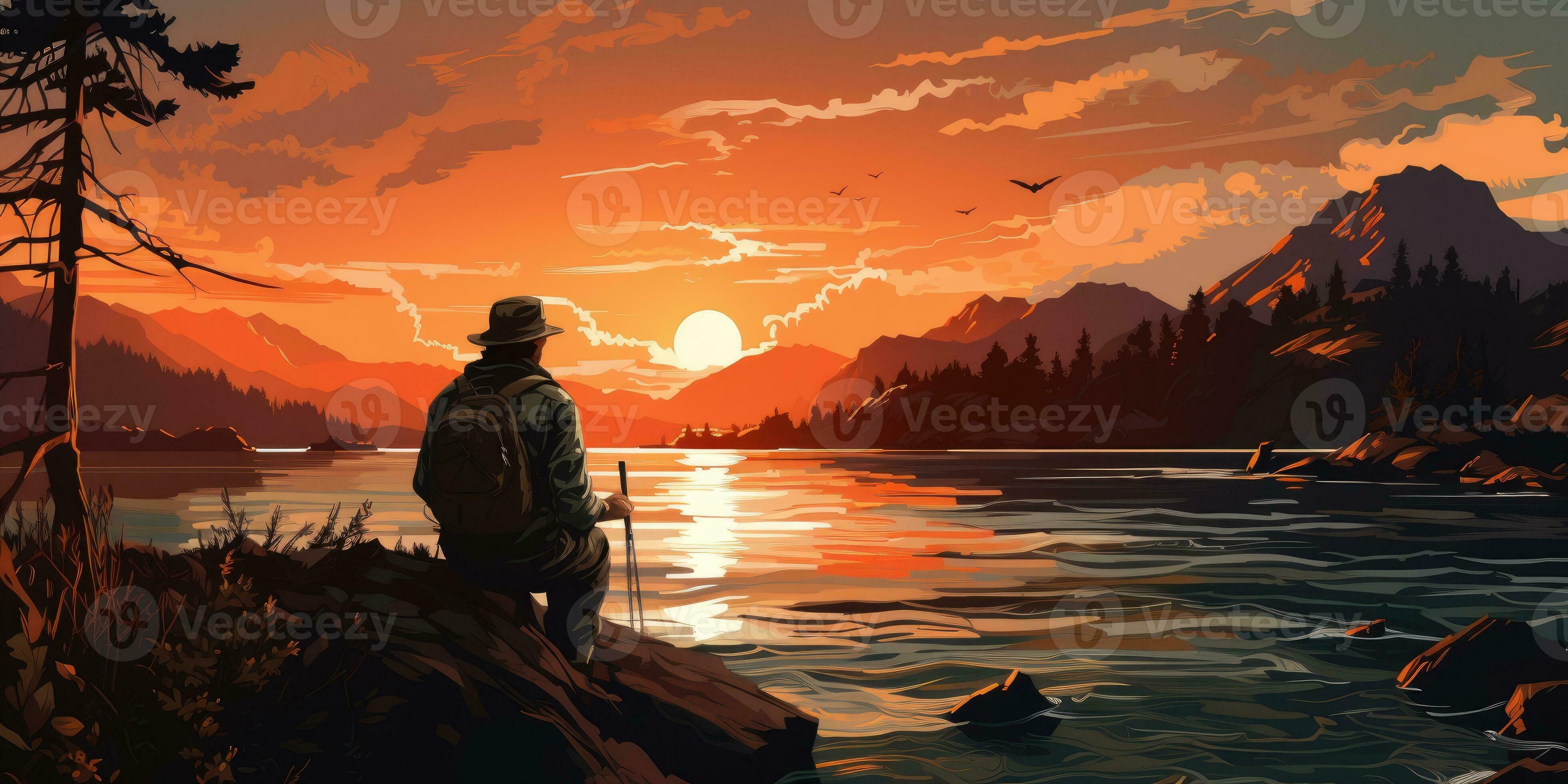 A man is fishing on the lake against the backdrop of sunset. The