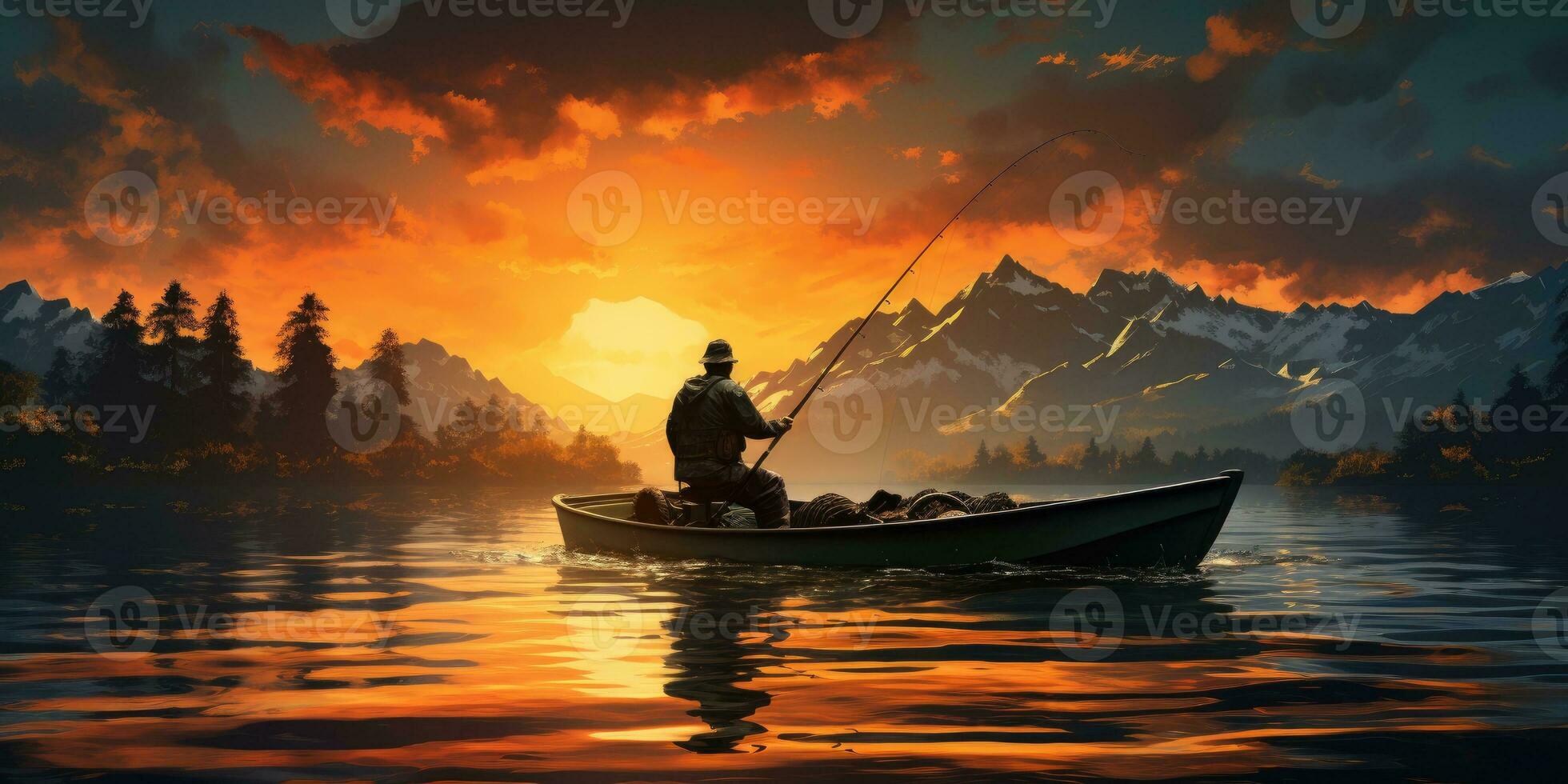 A man in a boat is fishing on the lake against the backdrop of sunset. Generative AI photo
