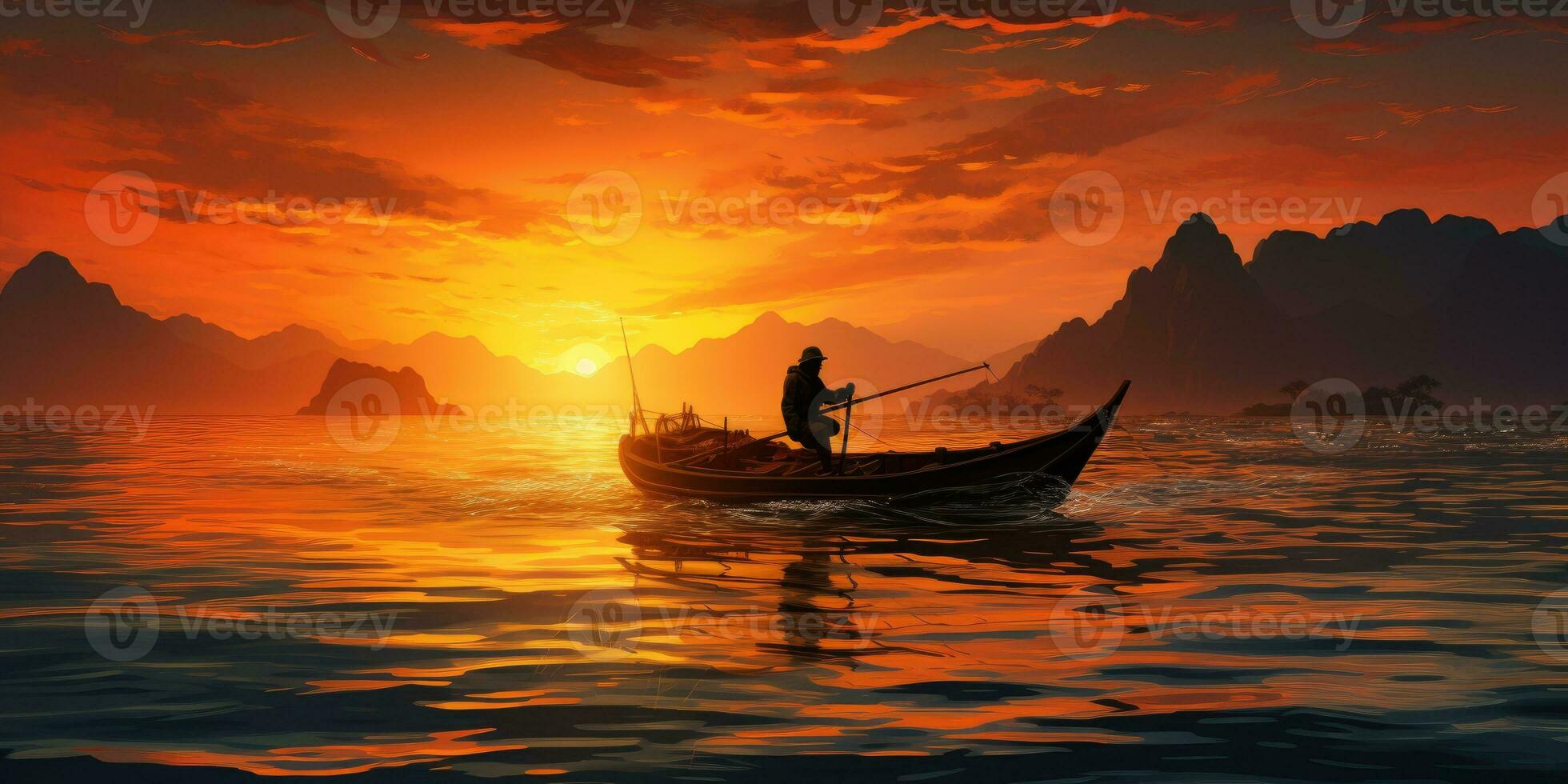 A man in a boat is fishing on the lake against the backdrop of sunset. Generative AI photo