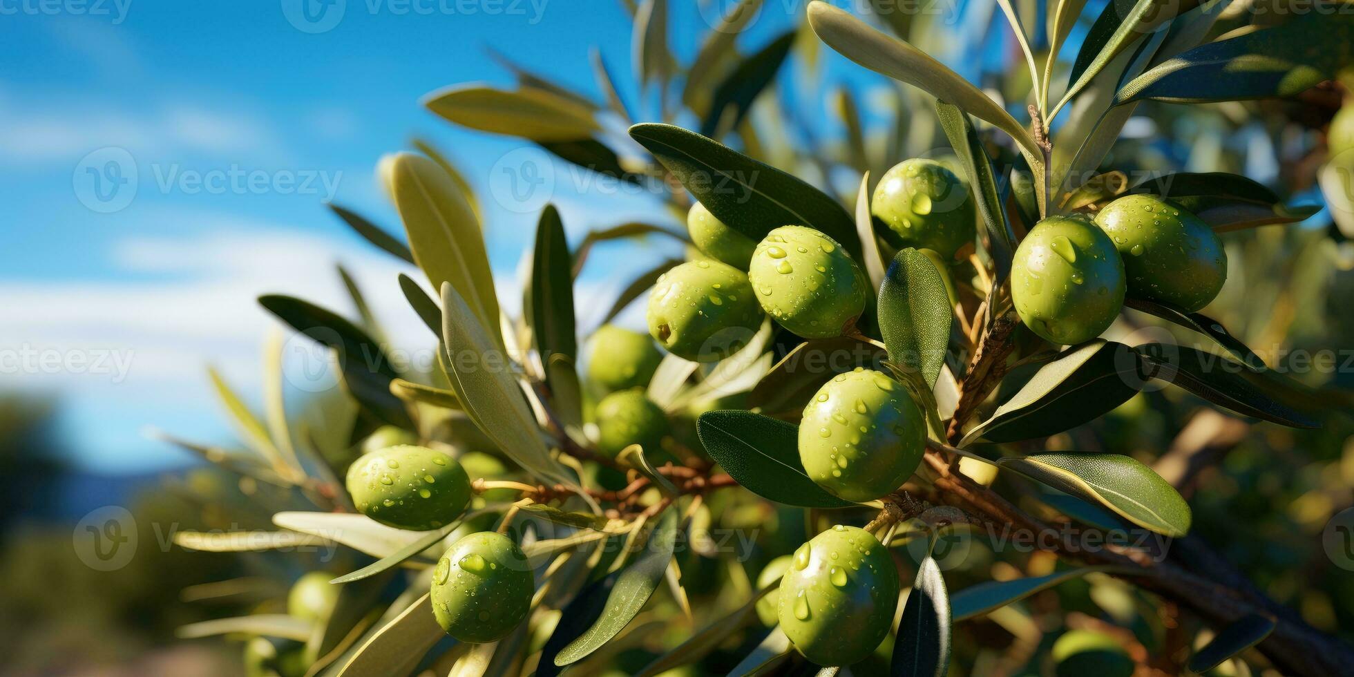 Green ripe olives on the branch tree. Generative AI photo