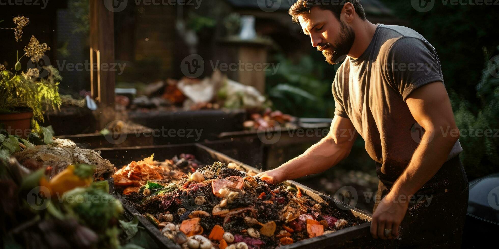 A man composts food waste in his garden. Ecological use of food. Generative AI photo