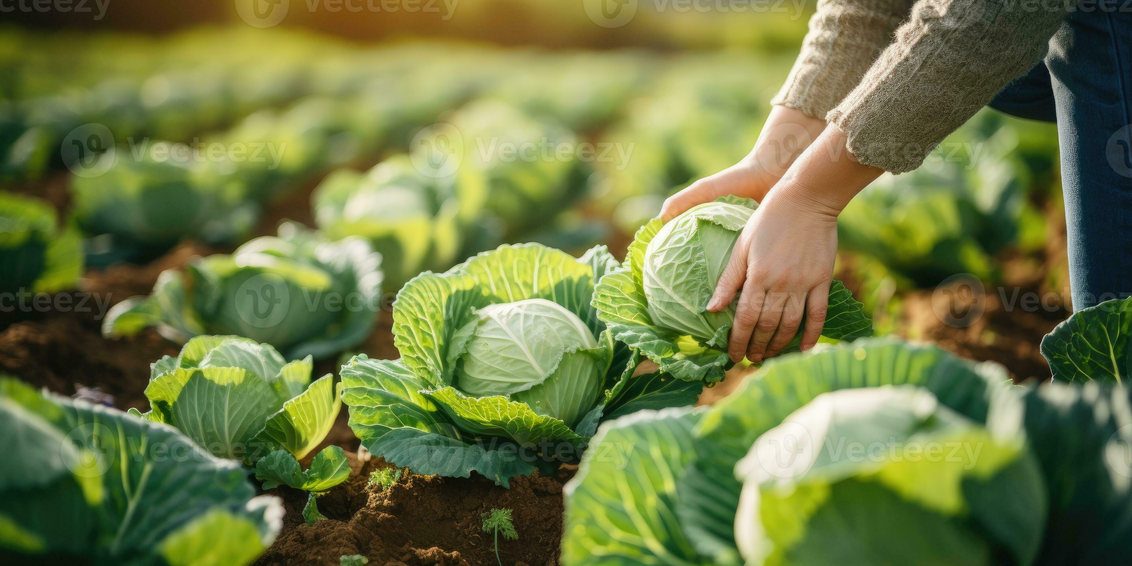 harvesting cabbage, green cabbage in hands. Fresh cabbage from a farmer