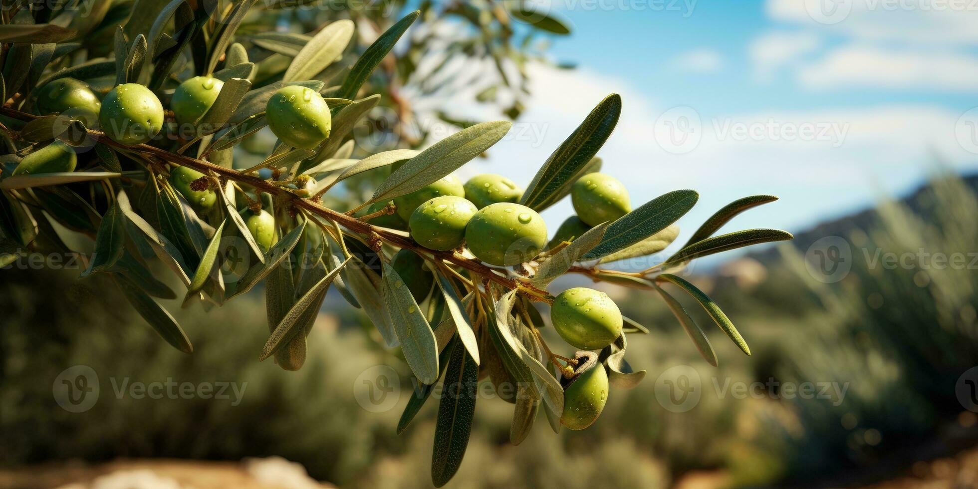 verde maduro aceitunas en el rama árbol. generativo ai foto