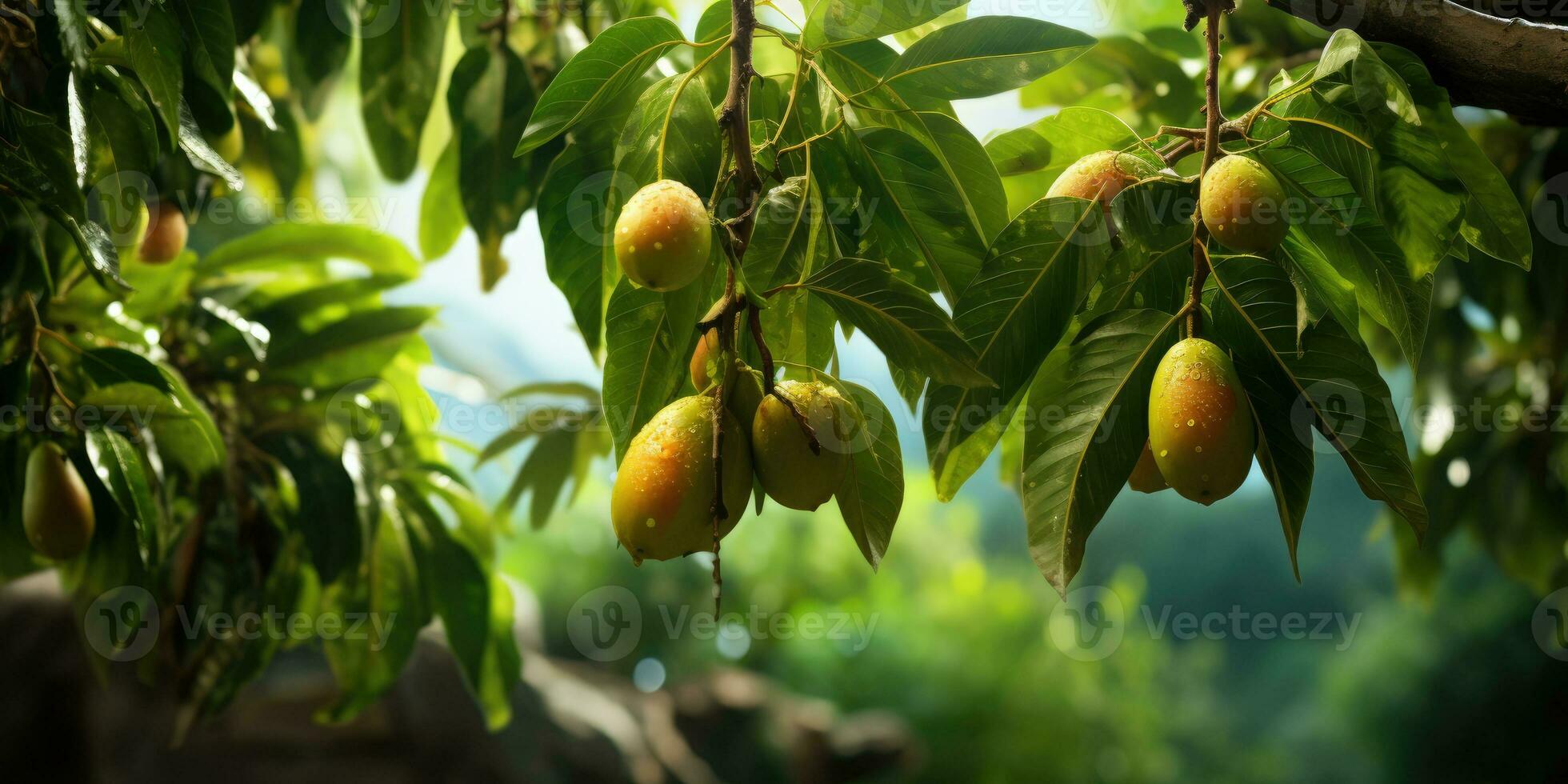 Peaches growing on tree in summer. Delicious and healthy organic food. Generative AI photo